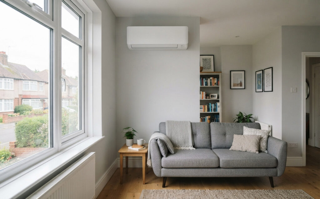 Wall mounted air conditioning unit above a sofa in a bright modern living room