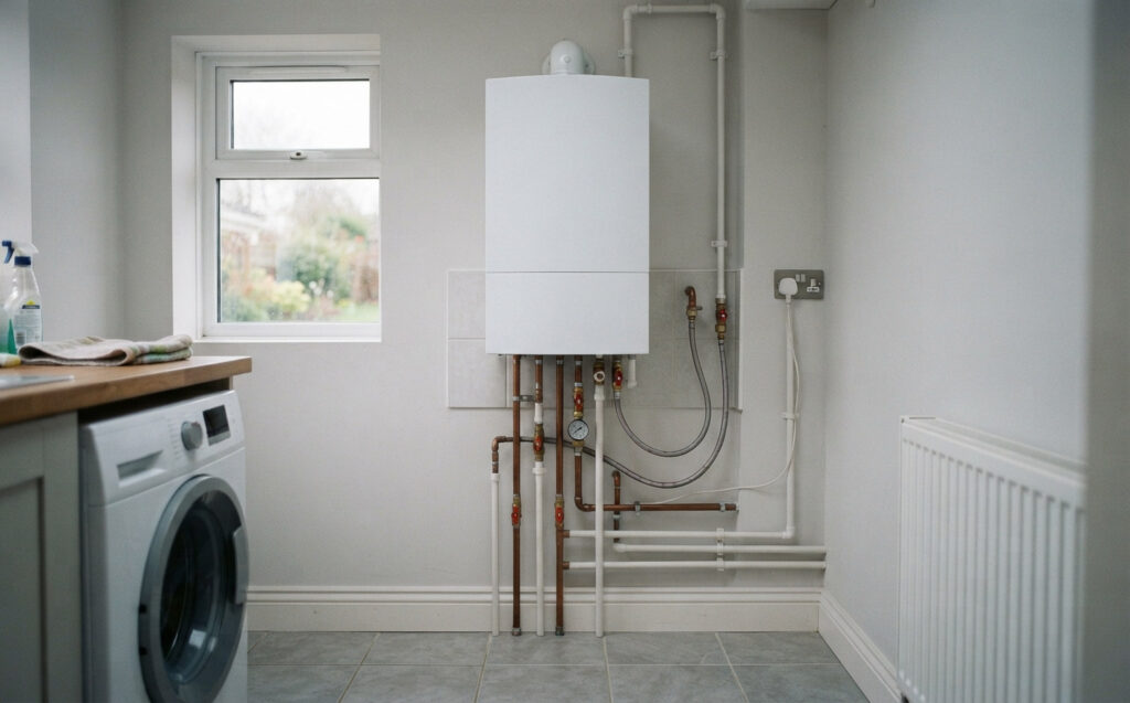 Modern wall hung combi boiler installed neatly in a home utility room